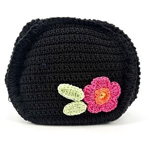 Vintage Y2K PacKits Crochet Zip Pouch Floral Black Mini Boho ChicBag 2001